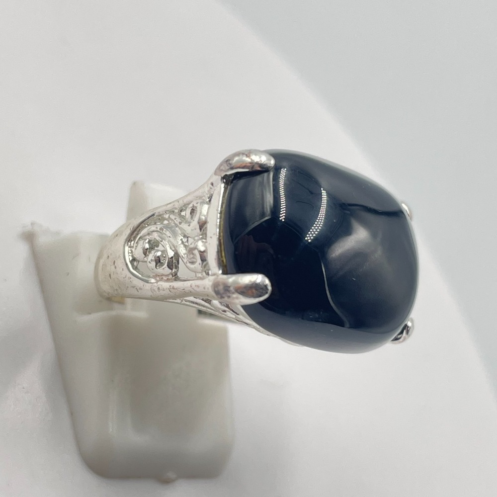 Vintage Retro Silver Tone Large Black Onyx Glass Cabochon Statement Ring Size 4